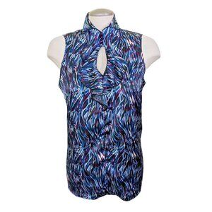 Zoe Skye Blouse Top Womens XL Ruffles Keyhole Sleeveless Blue Romantic Satiny